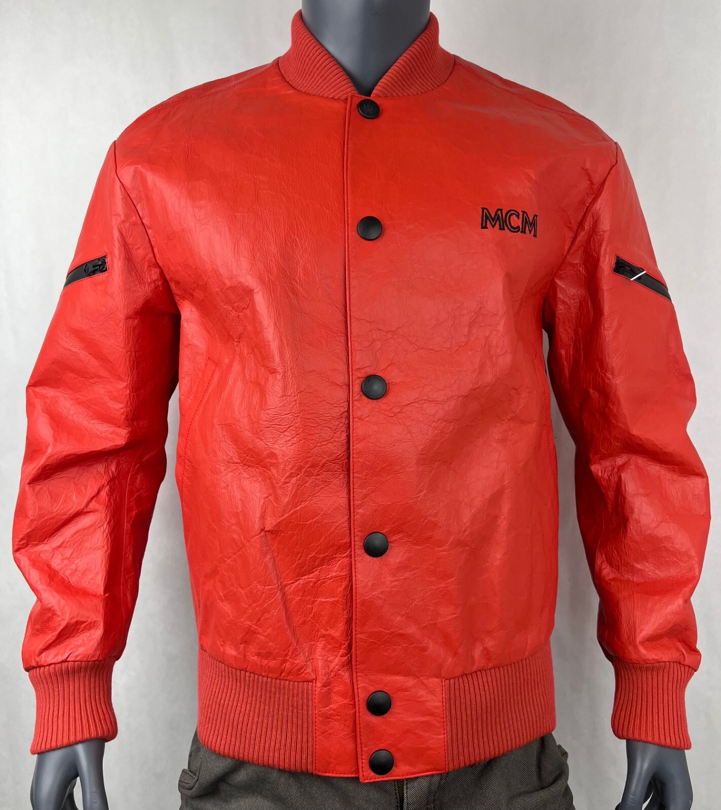 Pre-owned Mcm $2370  Men's Red Leather Button Up Bomber Jacket With Black Logo Mhj9amv19re0