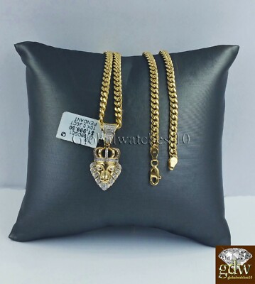 Pre-owned Globalwatches10 Real 10k Gold & Diamond Lion Head Charm Miami Cuban Chain 24 Inch Men's Women