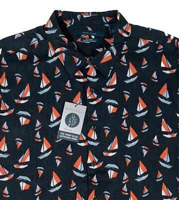 Men's PERRY ELLIS Linen Sailboat Short Sleeve S/S Shirt XXL NWT NEW NicE!