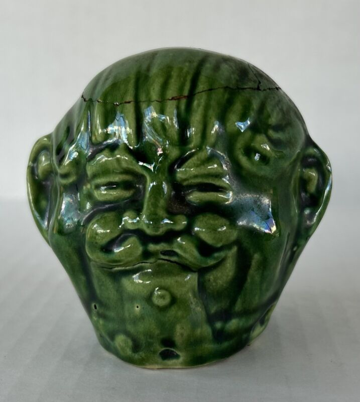Antique Stoneware Coin Bank French Majolica Green Glaze Figural Old Man Face 3”