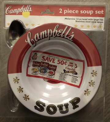 Vintage 2004 Campbell Soup Bowl W/Spoon Trudeau White Red Stripe Classic Logo