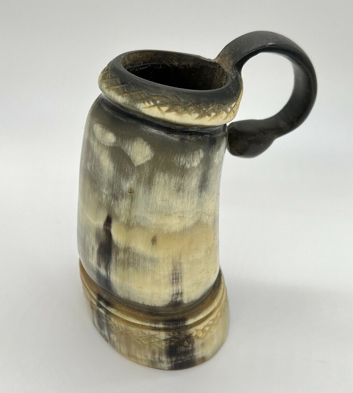 Animal Horn Mug Cup Carved Viking Folk Art Ceremonial Handmade Vintage Rare