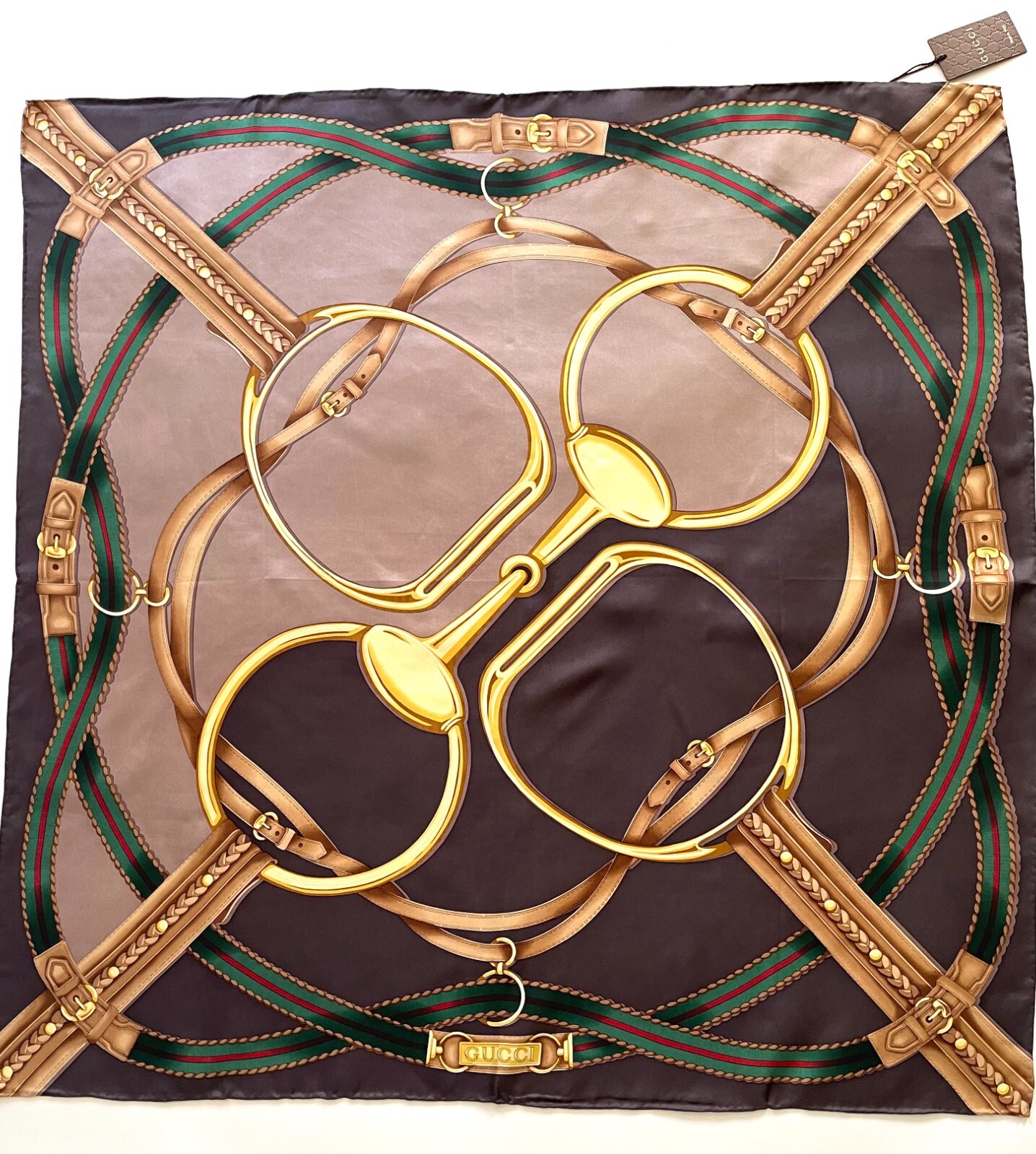 Pre-owned Gucci Unisex  Silk Wrap Logo Print Horsebit Equestrian Brown Beige Scarf
