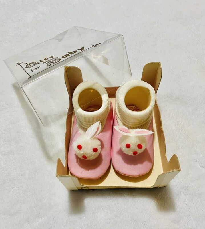 Vintage Crib Shoes Size 2 Bunny Pom Poms Pink Soft Baby Booties Doll Reborn