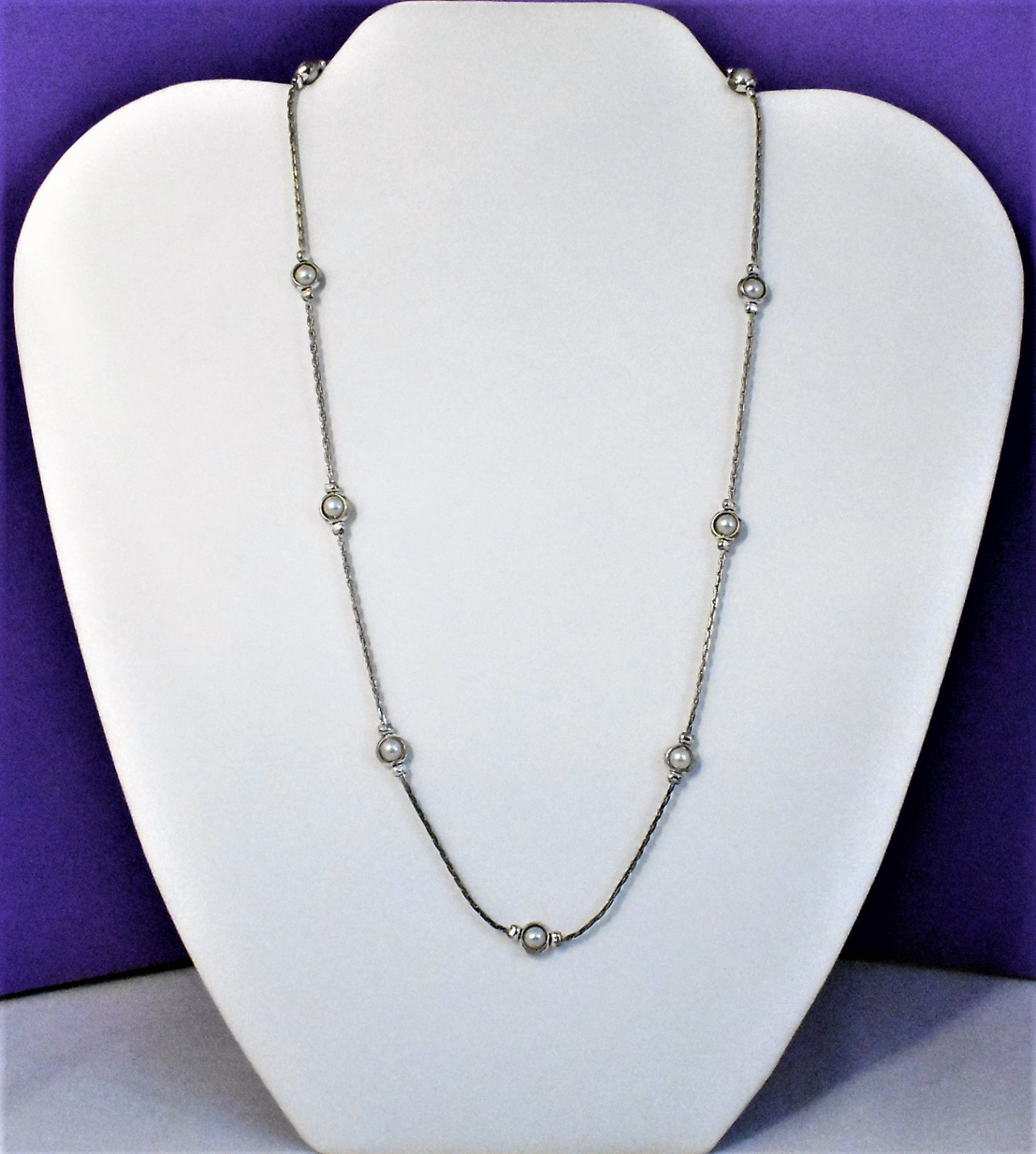 Vintage Premier Designs White Faux Pearl Silver Tone Chain Necklace