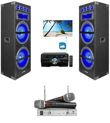 (2) Technical Pro Dual 15'' 1800w LED Karaoke Speakers+Receiver+(2) Wireless Mics