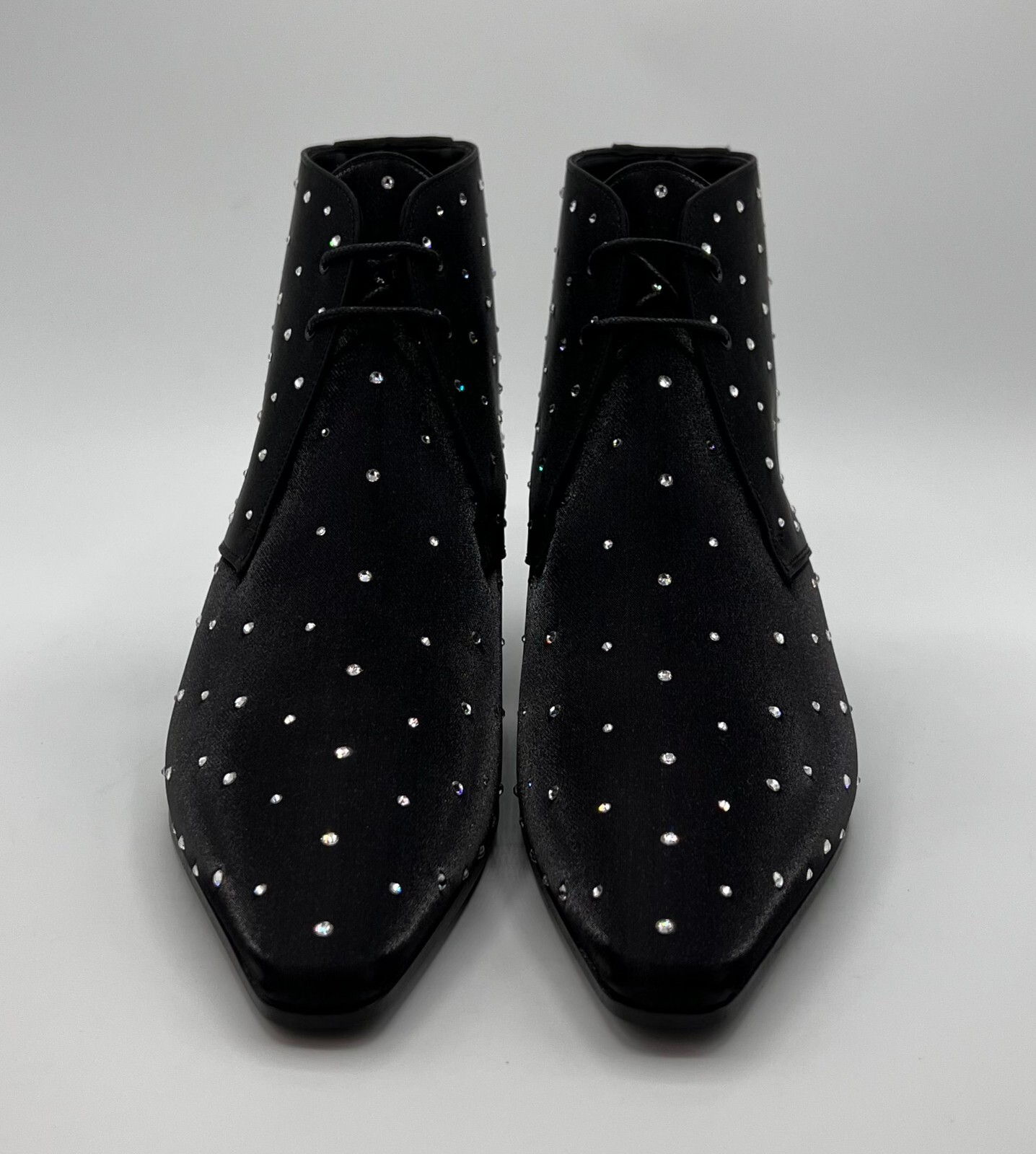 Pre-owned Saint Laurent $1045  Belle 45 Silk Satin Crystal Studded Ankle Boots 592127 1000 In Black