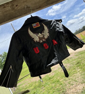 OUTDOOR HABITAT Kids USA Flag Eagle Patch Faux Leather Biker Moto Jacket Size 4T