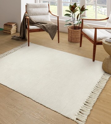 Collive Comfy Area Rug 4' x 6', White/Beige Woven Cotton Bedroom Rugs, Modern...