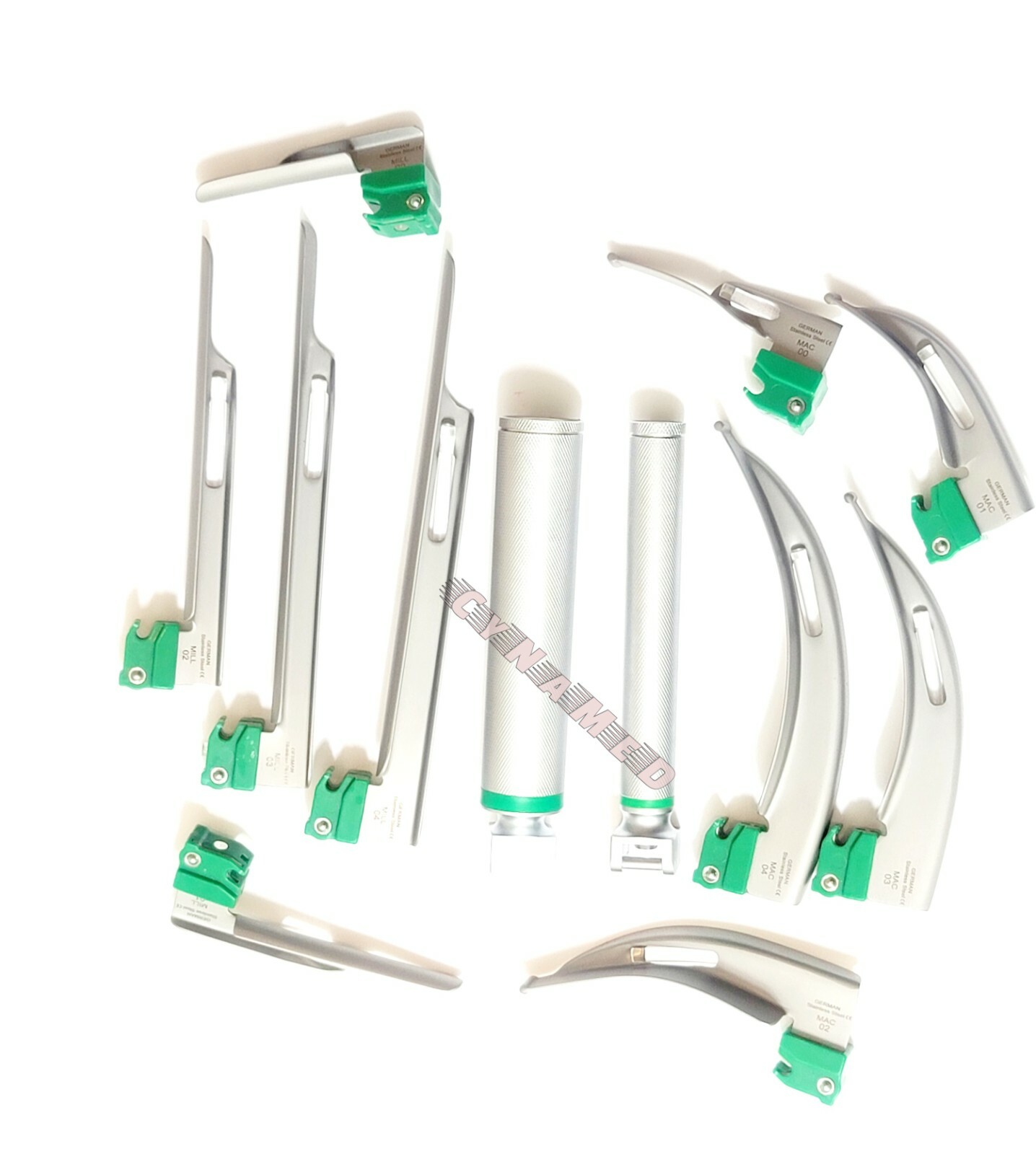 SET OF 10 FIBER OPTIC MAC & MILLER LARYNGOSCOPE BLADE+2 HANDLE INTUBATON kit
