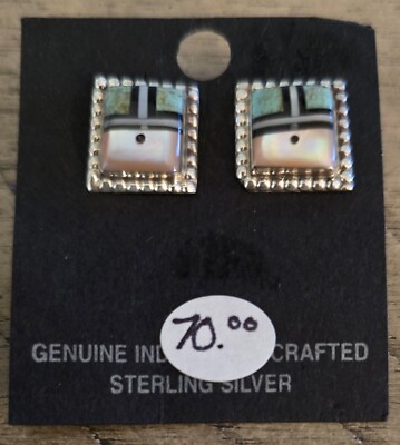NATIVE AMERICAN ZUNI STERLING SILVER TURQUOISE MOP ONYX INLAY POST EARRINGS