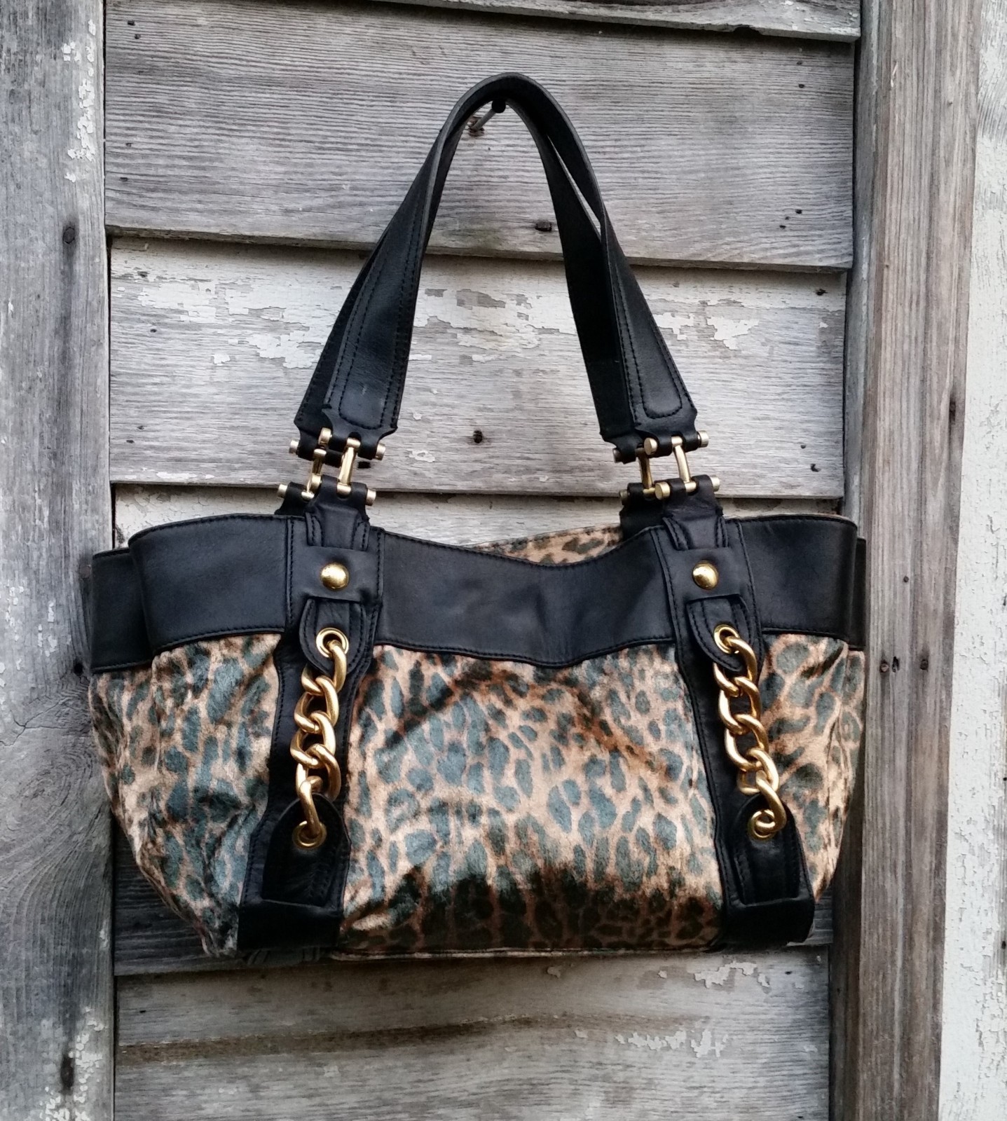 MAXXIMUM Leopard Print Velvet & Black Leather Tote SHOULDER Bag L XL (Offer)