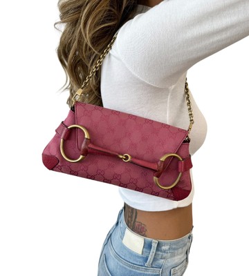 GUCCI Vintage GG Monogram Horsebit Chain Mini Shoulder Bag Pink Canvas Rank AB