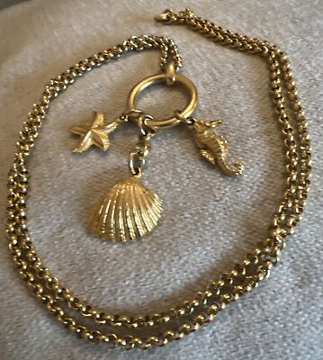Vg Signed Ben Amun Gold Tone Seahorse Shell Starfish On Gold Ring Necklace