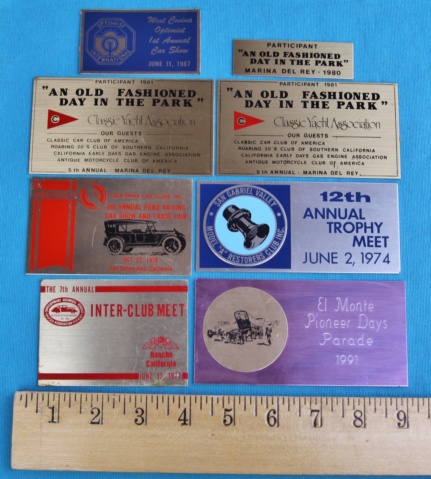 (8) HISTORICAL VEHICLE CALIFORNIA CAR CLUB SHOW PLAQUES 60's 70's 80's MODEL A