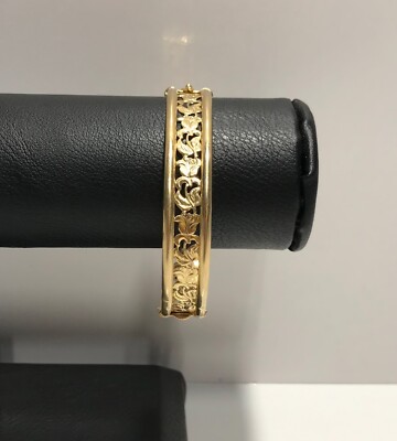 Women 14k Yellow Gold Rose Flowers Pattern Hinge Bangle Bracelet