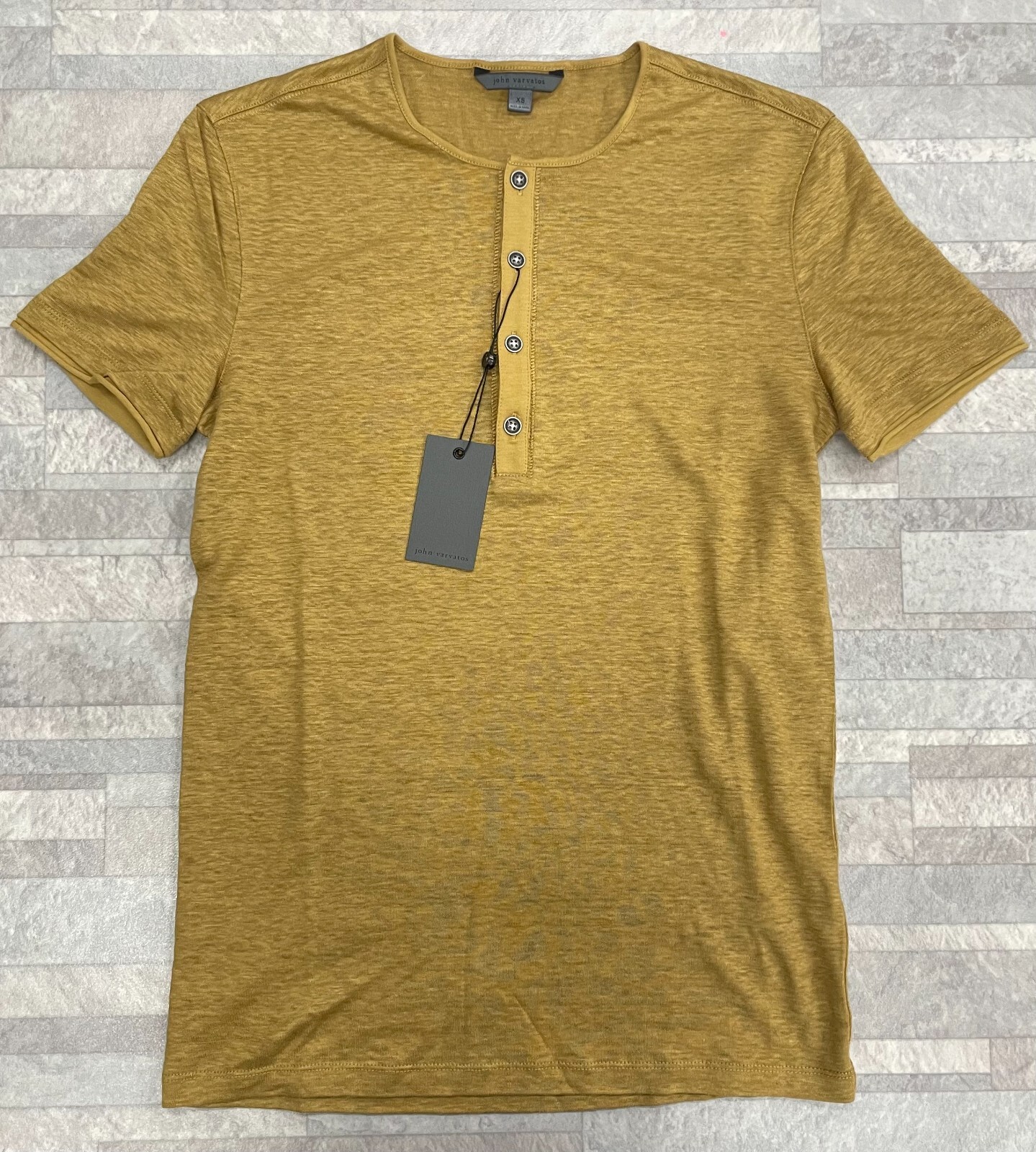 Pre-owned John Varvatos $298  Bleecker Linen Henley In Brown Sugar Size: M