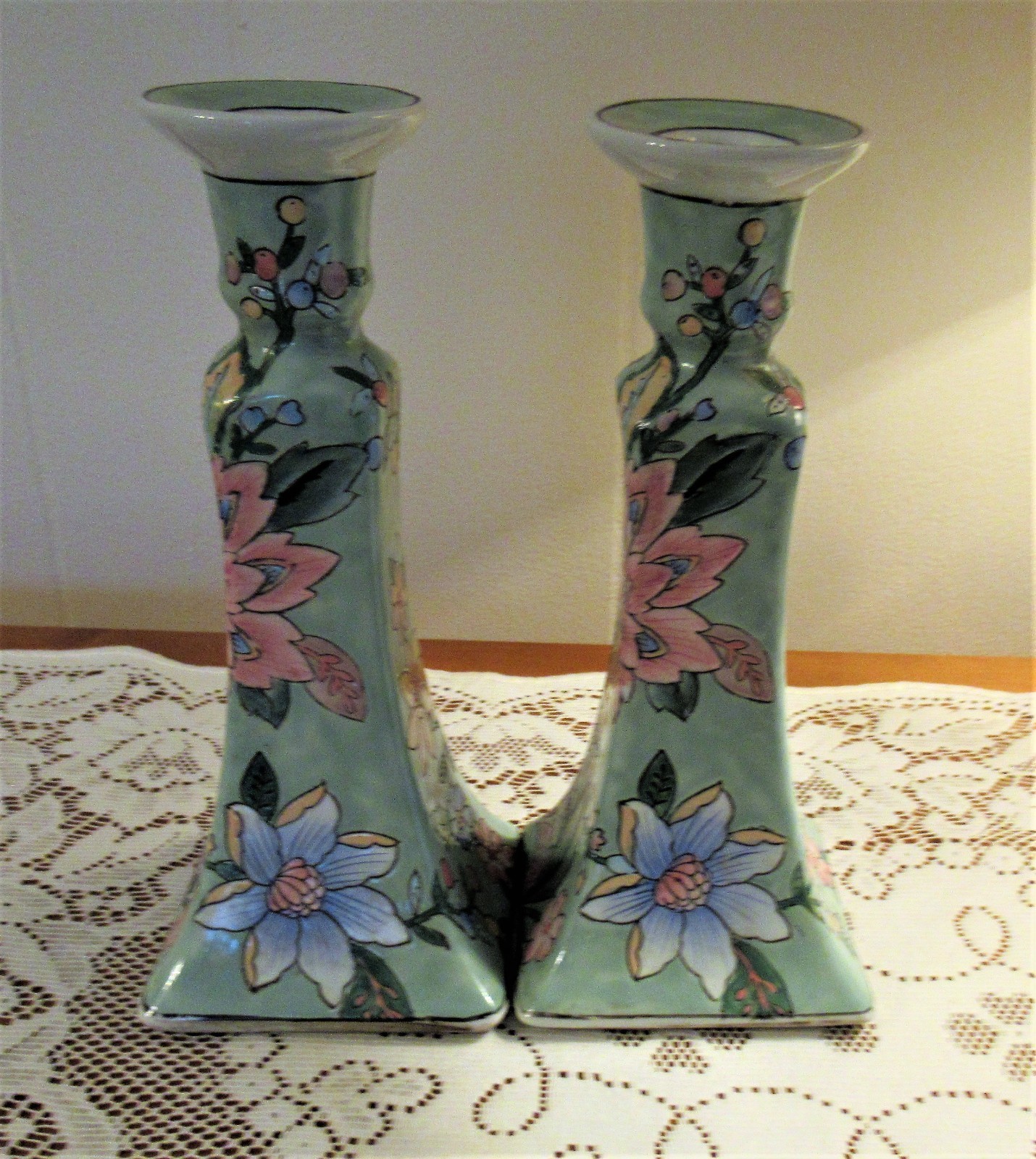 Vintage Pair Asian Oriental Chinese Porcelain Pastel Floral Candlesticks 9