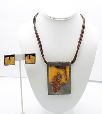Unique Artisan butterscotch amber carved cat face pendant black chord necklace