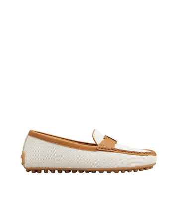 TOD'S City Gommino $775 White/Brown Fabric And Leather Driving Shoes New