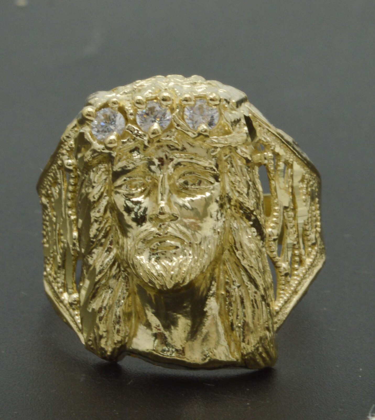 Pre-owned Head Real Solid 10k Yellow Gold 3d Mens Jesus  Nugget Cz Ring 22mm All Sizes