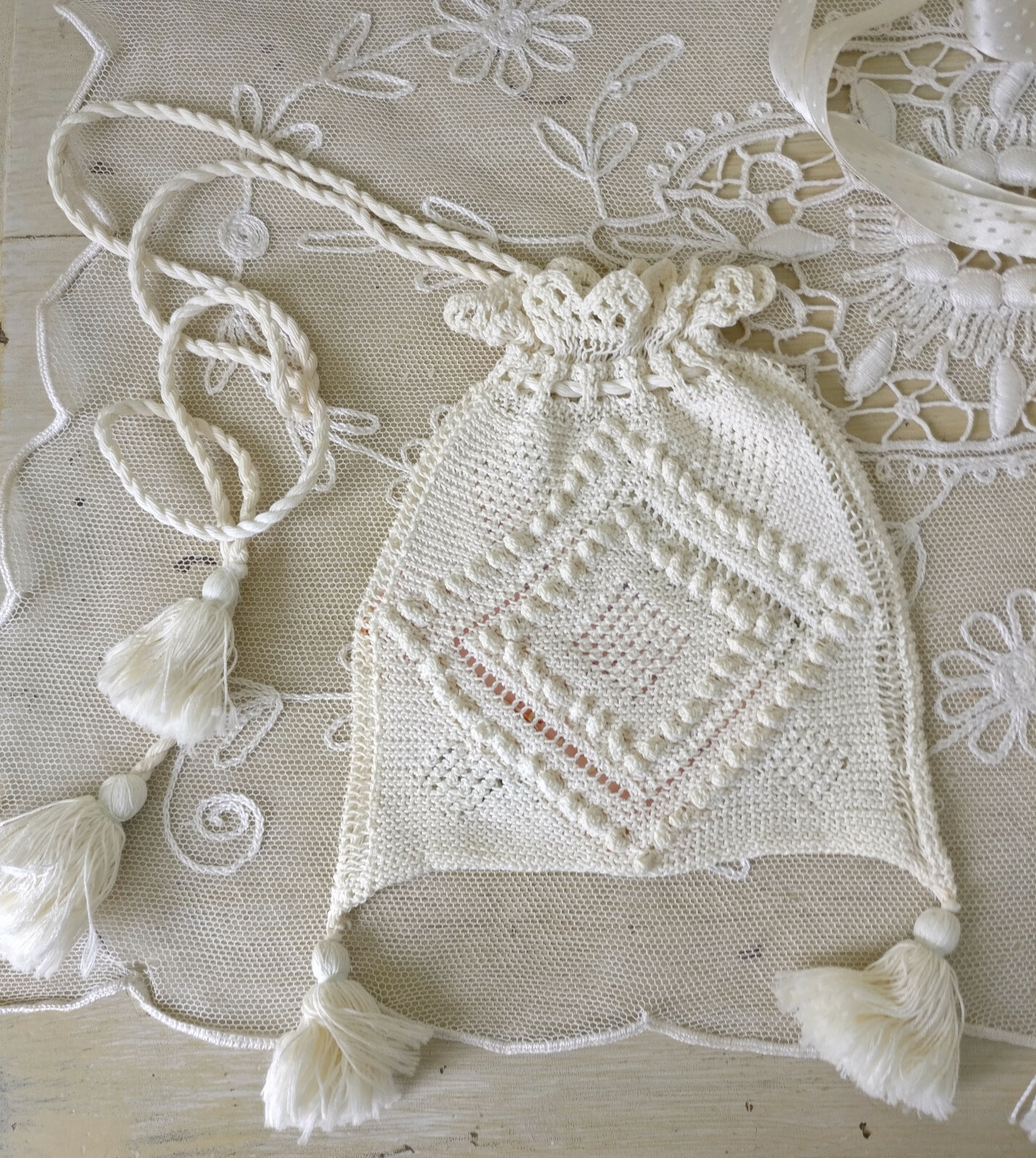 2 Antique Crocheted Edwardian Bags Silk Ribbon Initial L Drawstring Purse Tassel