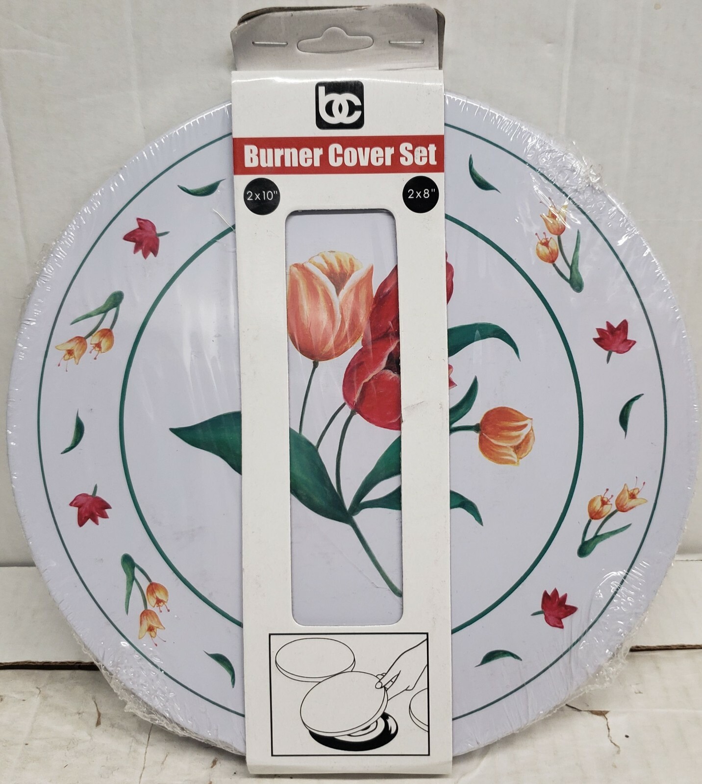 SET OF 4 TIN STEEL STOVETOP BURNER COVERS (2-10",2-8") FLOWERS, TULIPS, MBR