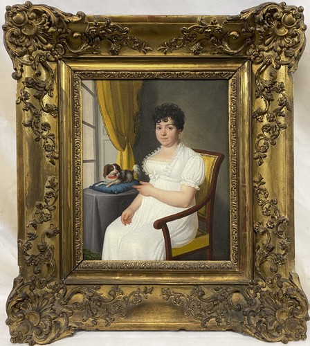 Exceptional c. 1810 French Empire Portrait of Lady & Dog on Pillow Oil on Canvas