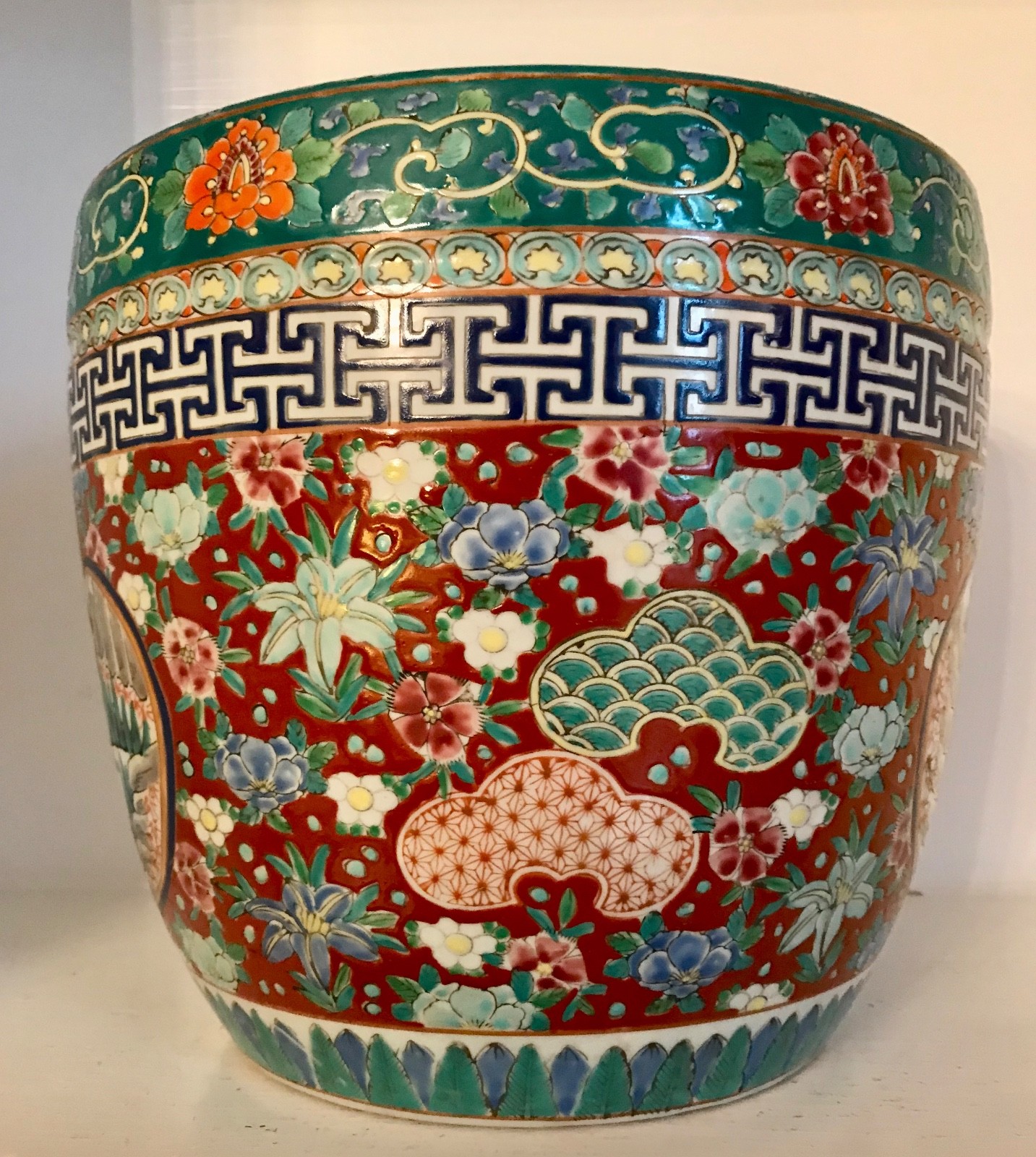 Large Antique Chinese Famille Verte Porcelain Jardiniere Pot ~Mountains Flowers~