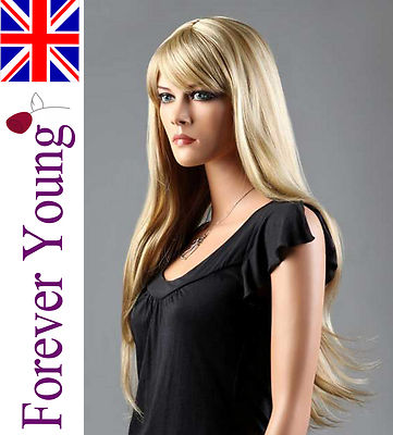 Ladies Long Blonde Straight Full Wig Light Ash Blonde Side Fringe