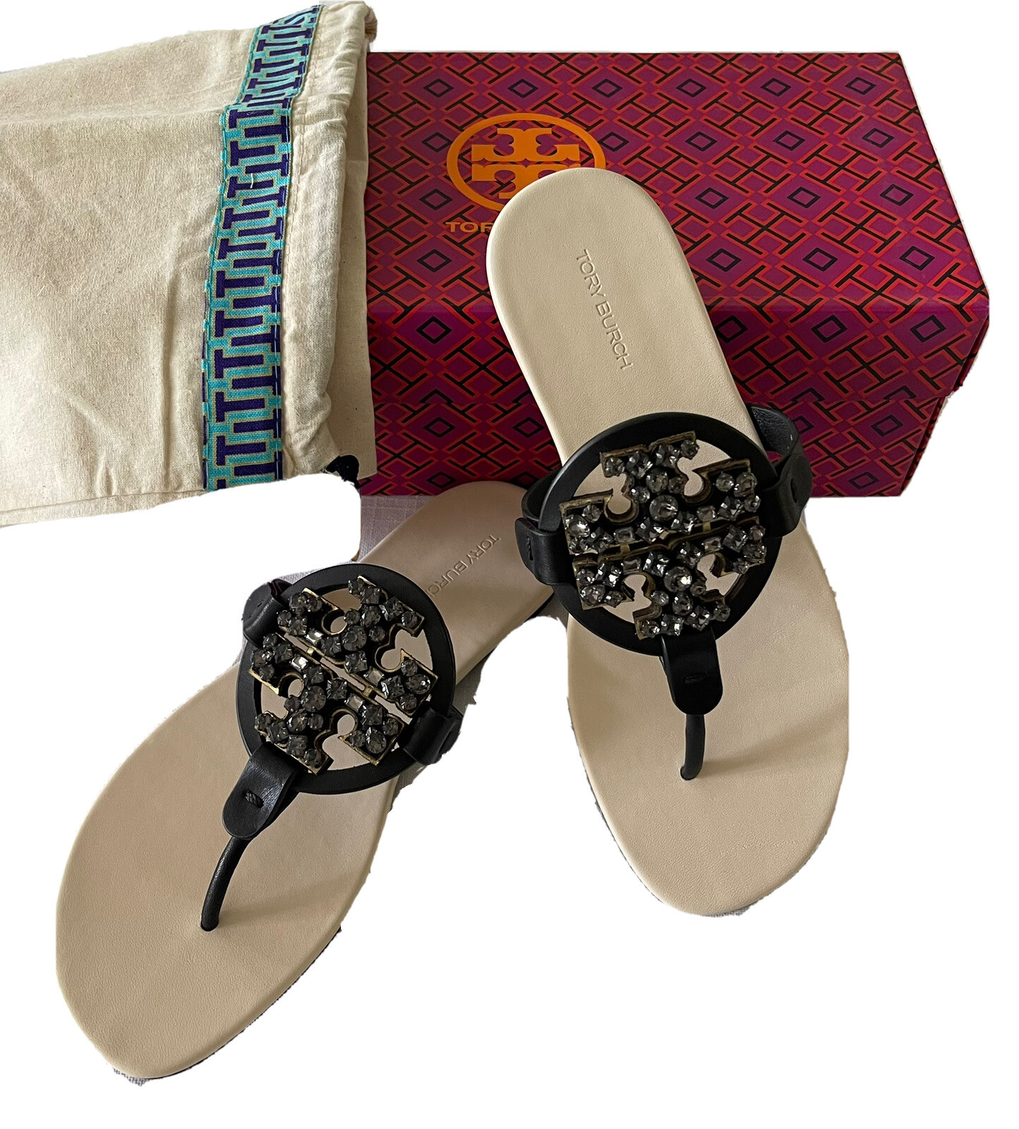 Tory Burch NEW Crystal Miller Leather Sandals Black Spark