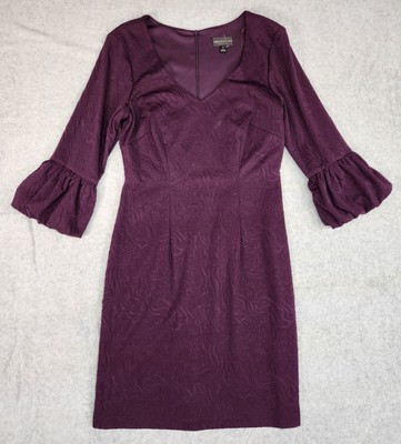 Connected Apparel Womens Purple Dress Size 6  3/4 Bell SleevesTextured New