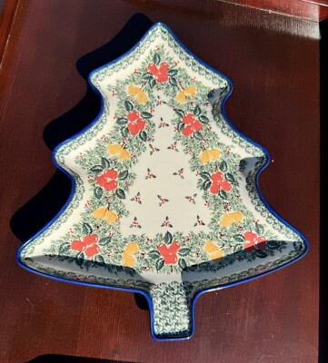 Kalich Polish Pottery, Unikat Christmas Tree Plate Large Holly/Fruit