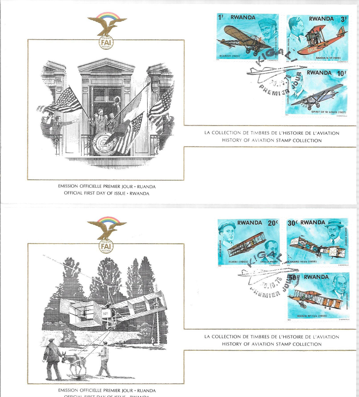 RWANDA ; HISTORY OF AVIATION, SCOTT No. 885-892 (8) FDC ON THREE COVERS