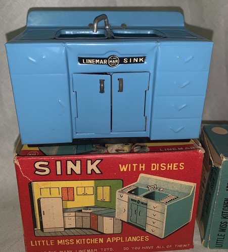 1950s Linemar Tin Litho 2pcs Little Miss Kitchen Pink Refrigerator + Sink Dishes