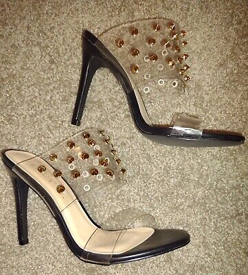  Sexy gold studded slides  stiletto heels rocker clubwear lucite black heel 7.5