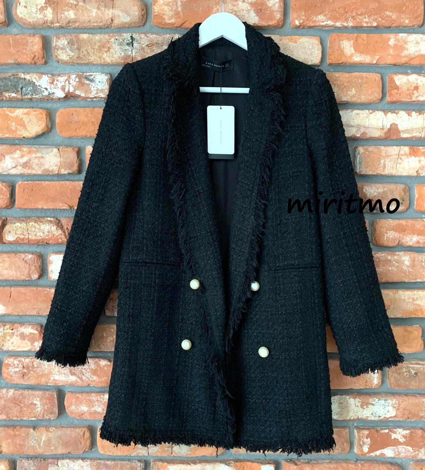 A537 ZARA BLACK COAT PEARLS FRAYED TWEED BOUCLE BUTTONS