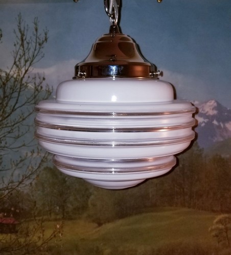 Restored Vintage Art Deco UFO Glass & Chrome Hanging Ceiling Fixture Light