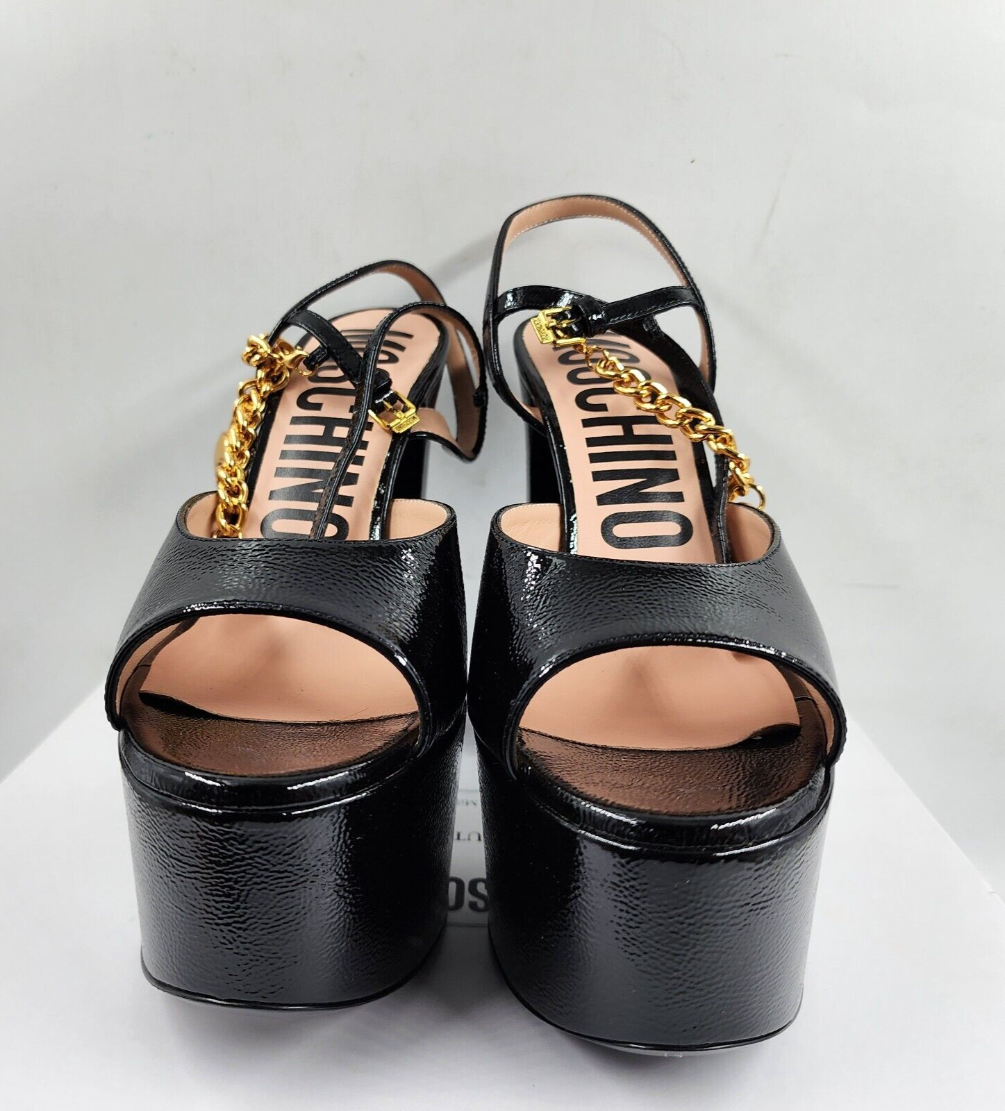 Moschino High Heel Platform Sandal Womens 8.5 Black Buckled Ankle Strap Open Toe - Picture 2 of 13