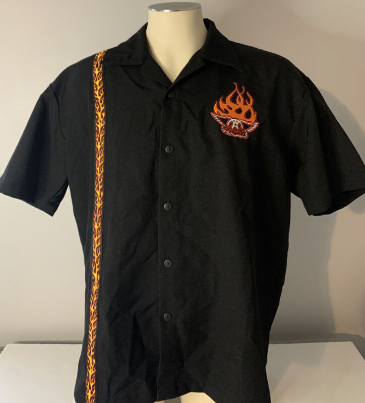 Aerosmith Button Front Shirt Sz L Giant Tag Embroidered Flames Raised