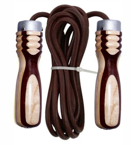 EVO Fitness Leather Skipping Jump Rope Indoor Gym Workout Wooden Handles Adult 