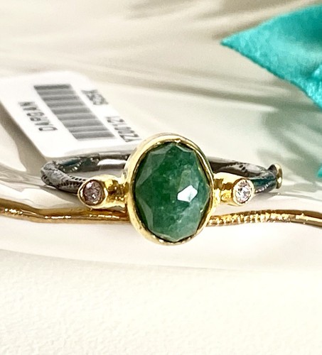 Antiqued Sterling Silver 22k Yellow Gold Green Quartz Ring Size 5/6.25 - Picture 3 of 8