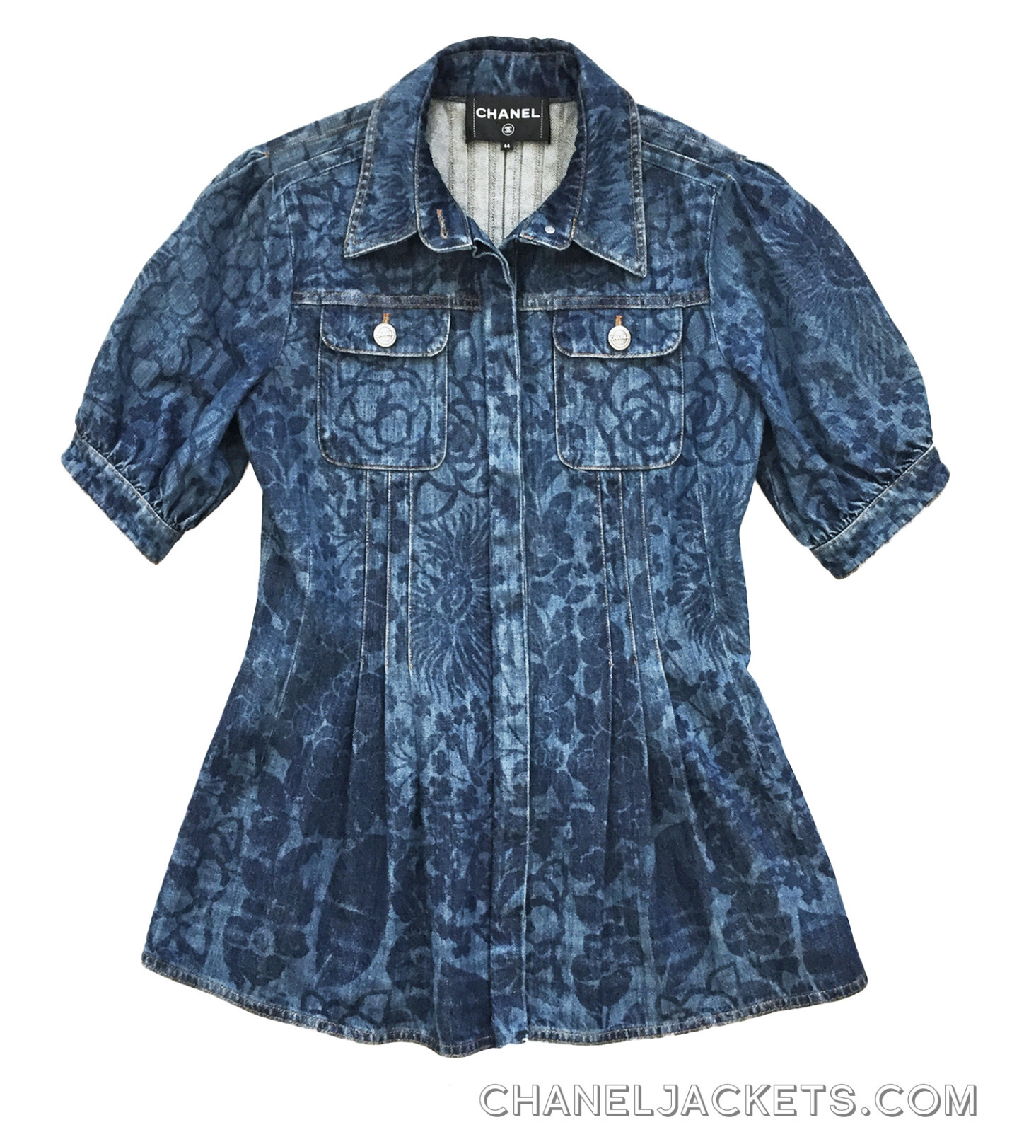 $5,495 CHANEL 16P Camellia Denim Puff-Sleeve JACKET * FR 44
