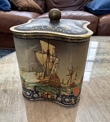 Vintage Canister Tin Christopher Columbus Tall ships Nina Pinta Santa Maria Lid