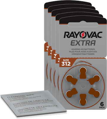 30 x Rayovac Extra Advanced Hearing Aid Battery Brown 312 (5 x 6) + Cleaning ...