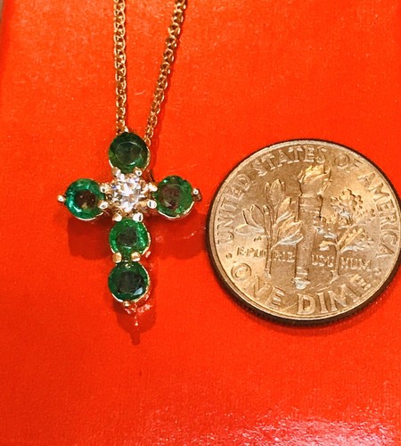 Pre-owned H3jewels 14k Solid Yellow Gold Natural Emerald & Diamond Pendant May Birthstone Cross In Green