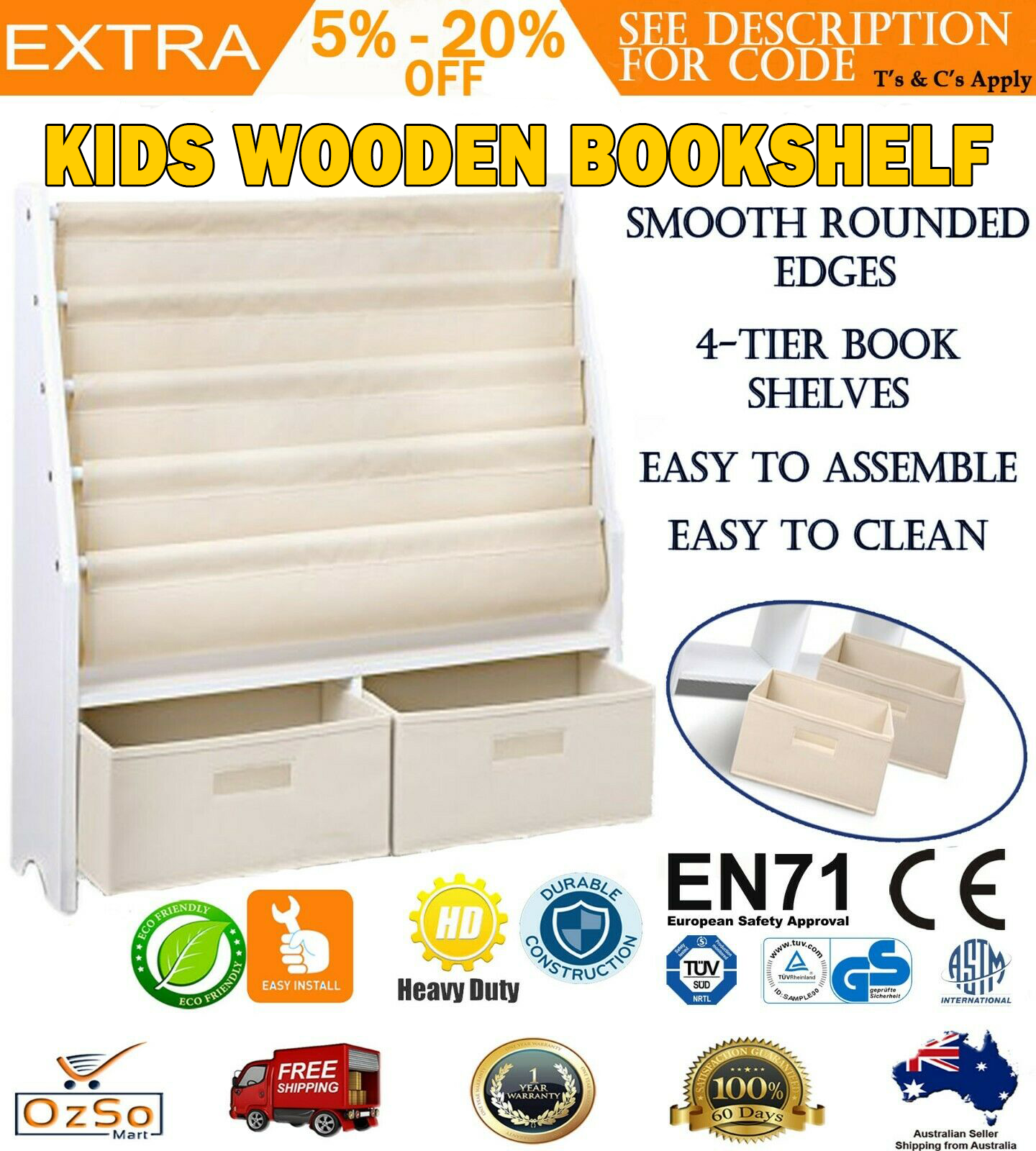 Keezi 4 Tier Kids Bookshelf Wooden Bookcase Children Toy Organiser