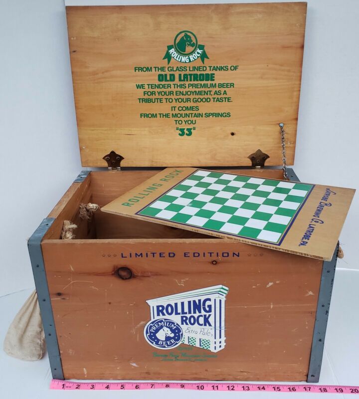 Vintage Limited Edition Rolling Rock Beer Wooden Box Crate Checker Board Game  