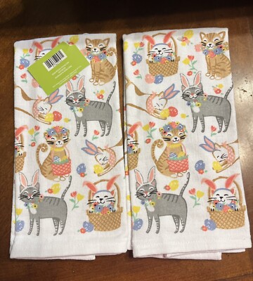 Easter Kitty Cat Kitchen Towels (Pair) Spring Easter Eggs Flowers Easter Baskets