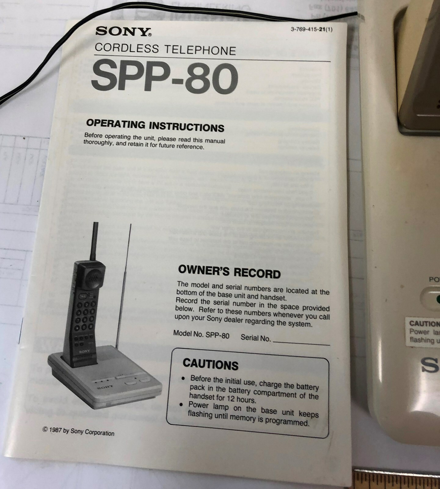 Vintage Sony Cordless Telephone SPP-80 Digital Cordless Phone WIth Manual